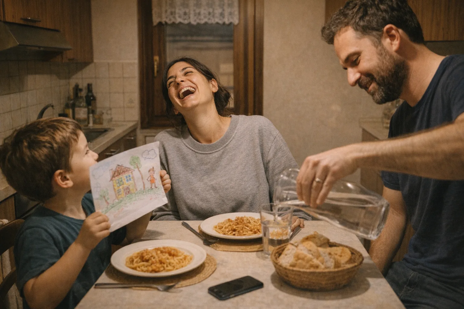 Chiara ride a tavola con Leo e Marco, il telefono a faccia in giù