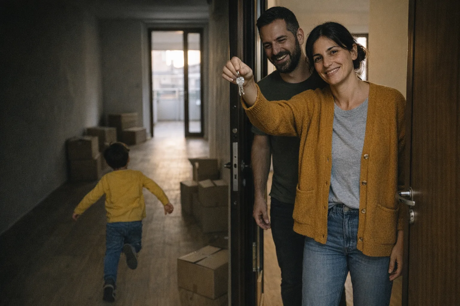 Chiara, Marco e Leo sulla porta della casa nuova, chiavi in mano