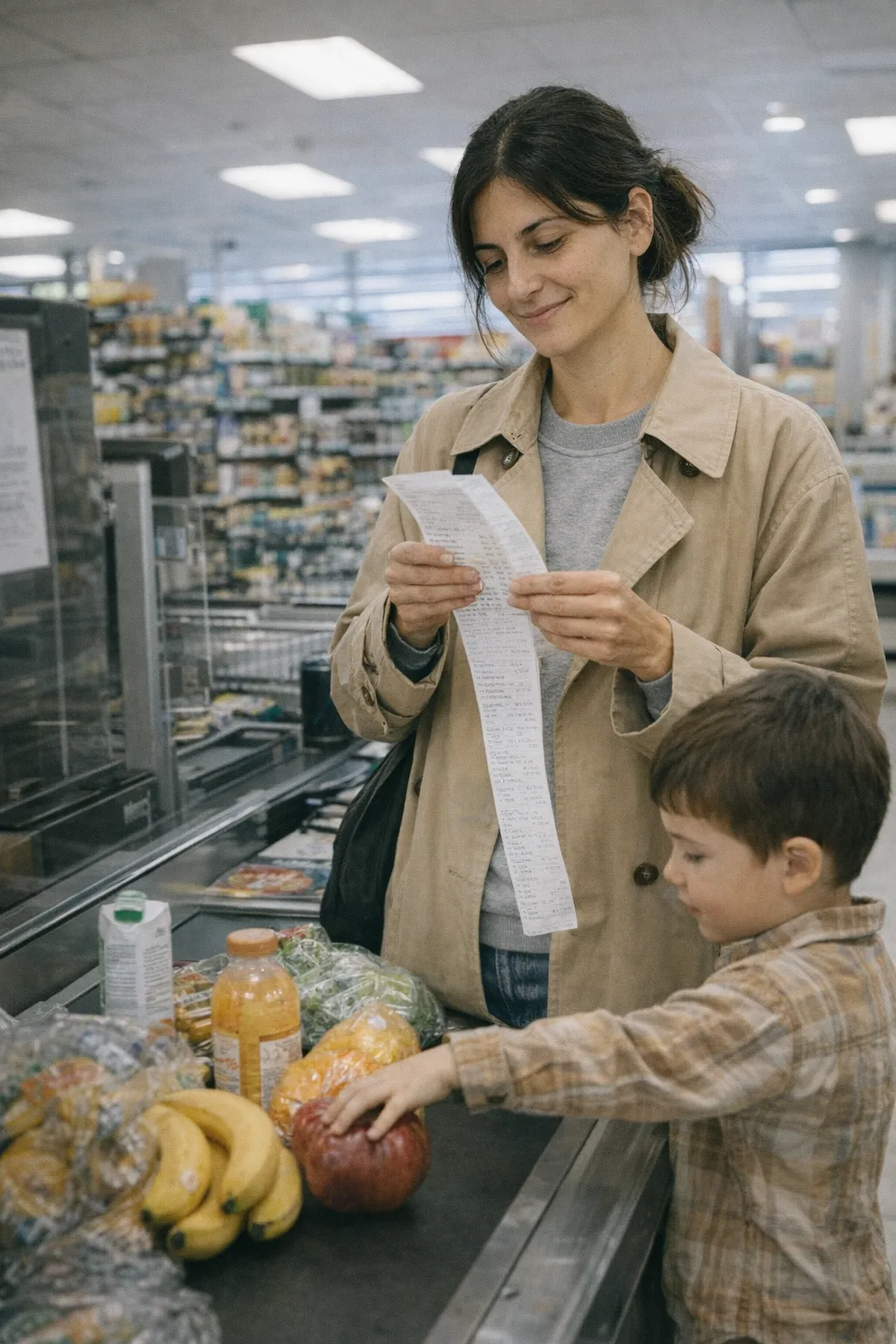 Chiara alla cassa del supermercato con Leo