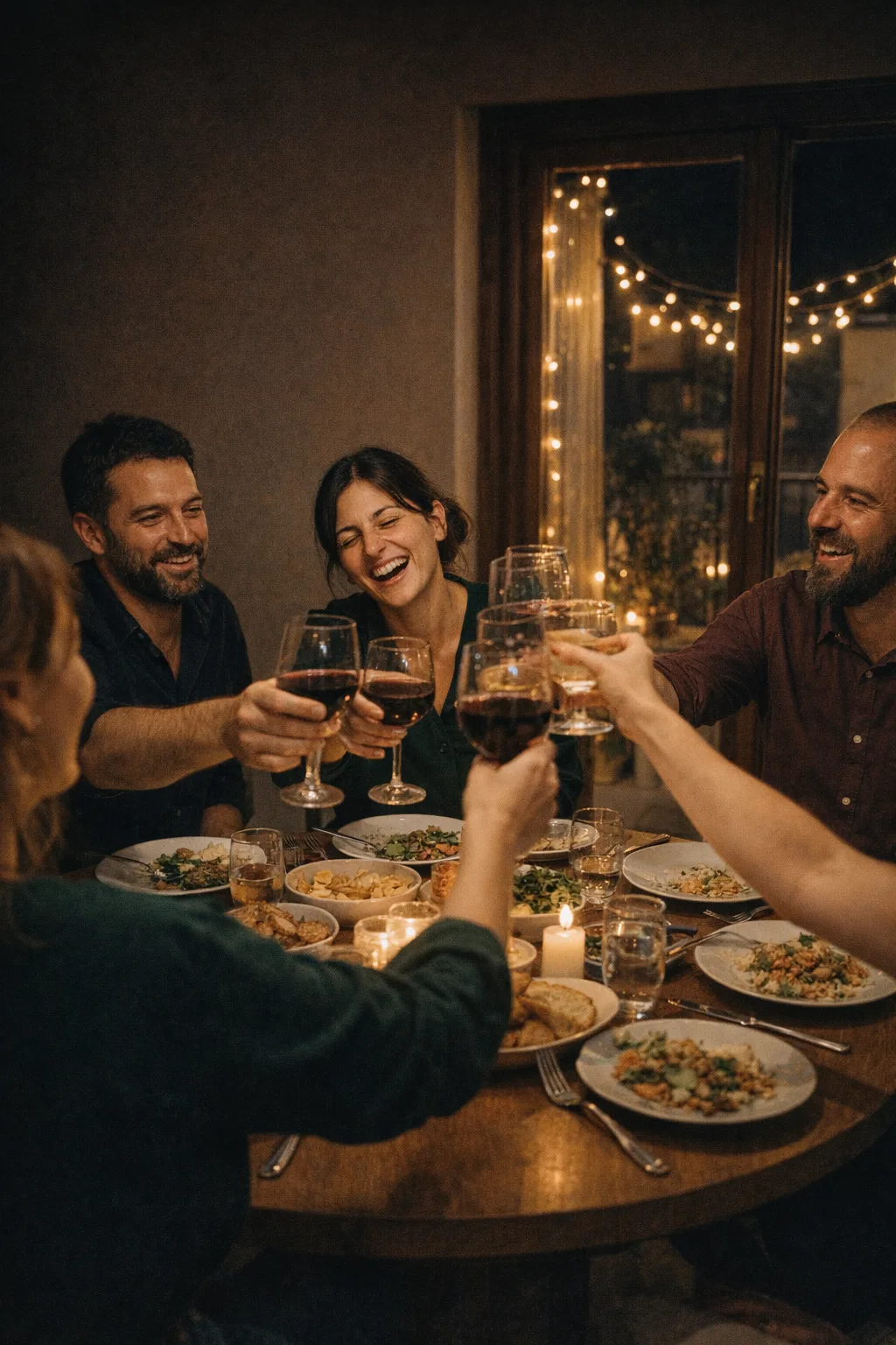 Chiara e Marco a cena con gli amici, bicchieri alzati