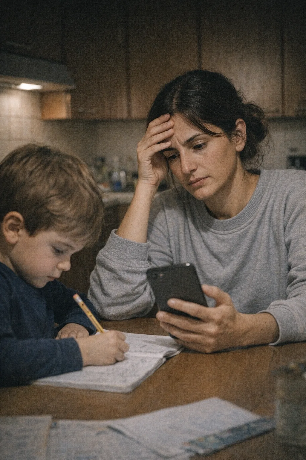 Chiara la sera guarda l'app della banca, Leo fa i compiti