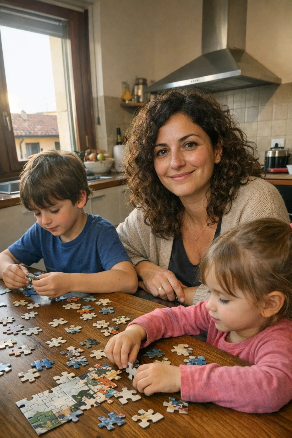 Marta coi suoi due bambini al tavolo della cucina